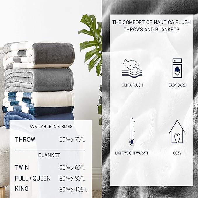 Nautica - Throw Blanket, Super Soft & Cozy Fleece Bedding, Dorm Room Essentials (Awning Stripe Grey, 50" x 60")