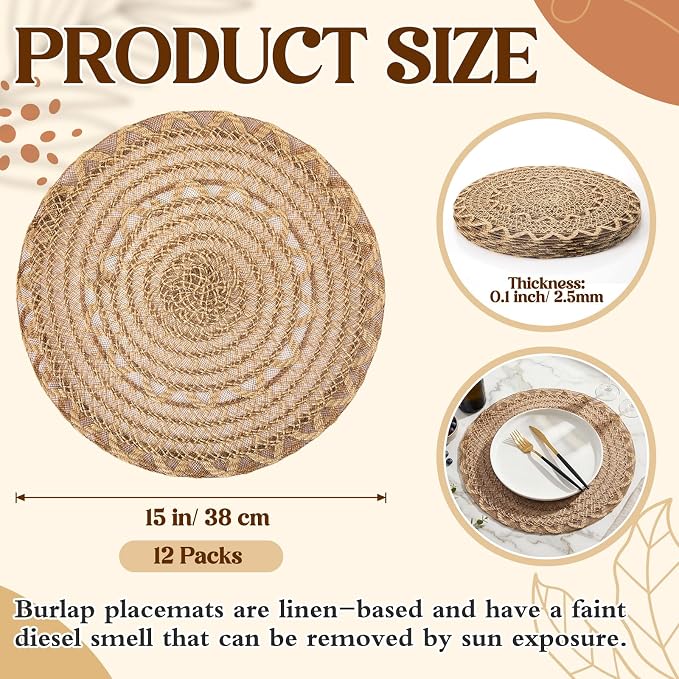 12 Pcs 15 Inch Round Burlap Placemat Boho Jute Woven Charger Bulk Rustic Vintage Natural Brown Heat Resistant Dining Table Mat for Wedding Farmhouse Home Kitchen Easter Summer Party Decoration