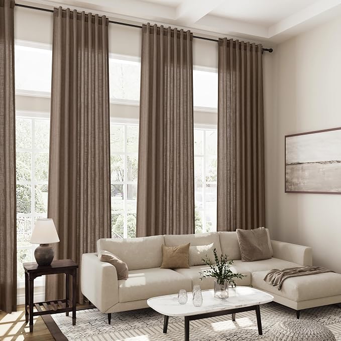 Extra Long Light Brown Curtain 108 Inches Long 2 Panels Set Back Tab Linen Drapes for Living Room Neutral Farmhouse Light Filtering Semi Sheer Linen Curtains 108 Inch Length for Large Window 9 FT