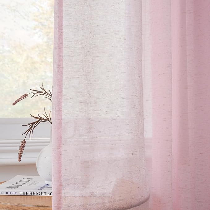 FMFUNCTEX Pink Linen Sheer Curtains, 96 Inches, 2 Panels for Bedroom | Semi Sheer Drapes, Flax Linen, Rod Pocket, Light Filtering, Farmhouse French, Kitchen, Privacy, Girls, for Living Room