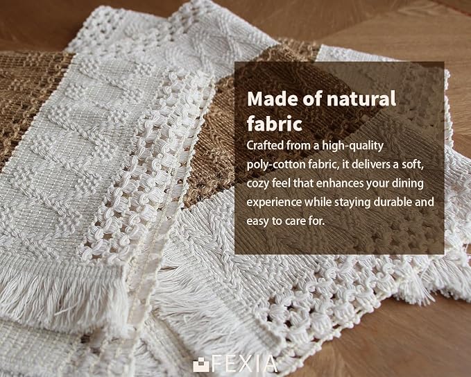 FEXIA Boho Placemats Set of 6, Macrame Table Mats Farmhouse Dining Decor | 12x20" Woven Burlap Place Mat with Tassel for Kitchen and Dining Table Centerpiece Home Decorations Rustic Boho Kitchen Decor