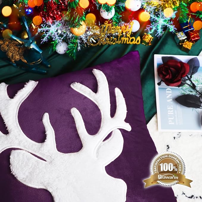 BRAWARM Christmas Pillow Cover 20 X 20 Inches, Purple Reindeer Embroidered Pillow Cover, Soft Velvet Decorative Throw Pillow for Couch Bed Sofa Living Room Home