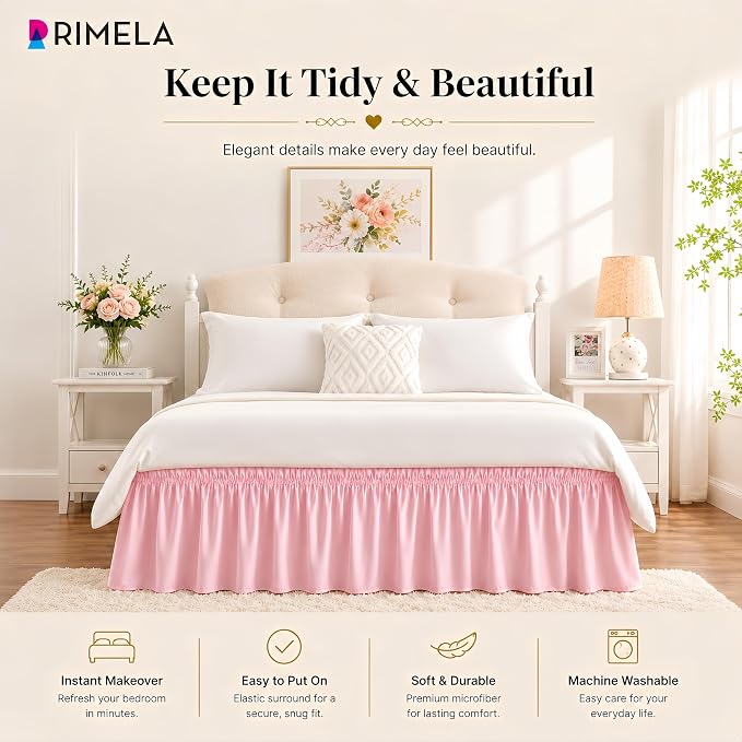 Pink Bed Skirt Queen Size 15 Inch Drop, Elastic Wrap Around Bedskirt | Solid Ruffled, Easy to Use, No Mattress Lifting, Wrinkle & Fade Resistant, with Adhesive Strips, Machine Wash/Dry/Iron