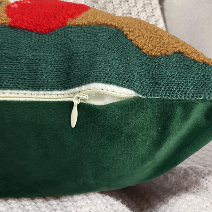 Alysheer Christmas Green Embroidered Lumbar Decorative Throw Pillow Cover 12x20, Santa Deer Tufted Embroidery Cotton Cushion Case for Sofa Couch Bed Living Room Holiday Decor Gift