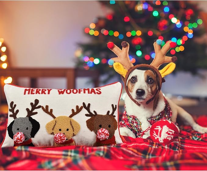 Merry Woofmas Christmas Pillow Covers 12x20, Cute Dog Embroidered Throw Pillowcases Christmas Decorations Holiday Pillows for Home Couch,Linen/red