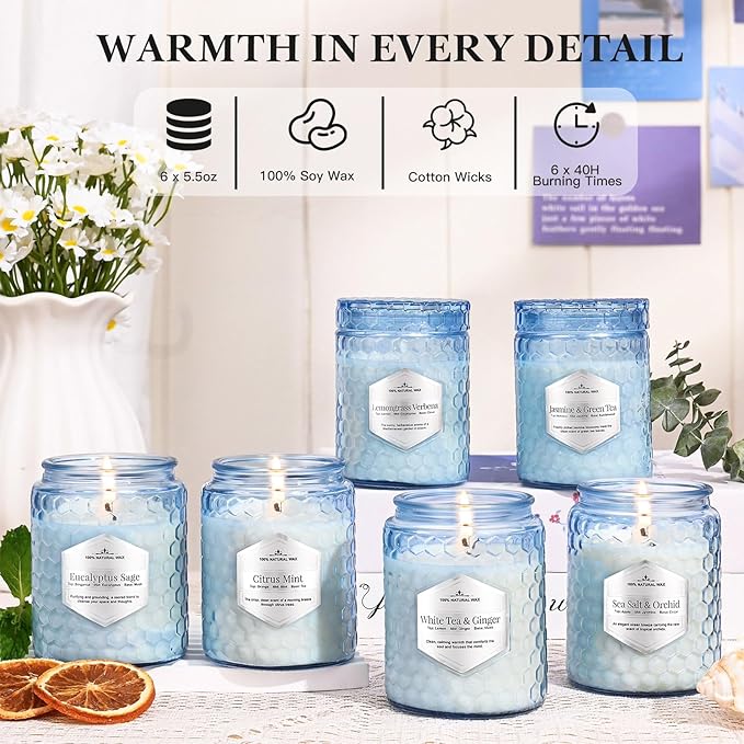 Candles for Home Scented, Lake Blue, 6 Pack | 33 Oz Scented Candles, Natural Soy Wax, Aromatherapy Gift Set for Women Birthday Christmas Refresh Relaxation Decorative