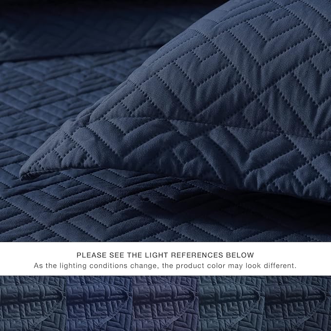 EXQ Home Quilt Set Twin Size Navy 2 Piece,Lightweight Soft Coverlet Modern Style Squares Pattern Bedspread Set for All Season(1 Quilt,1 Pillow Shams)