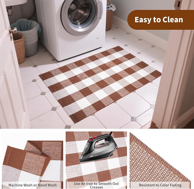 Buffalo Plaid Area Rug 27.5x43 in, Brown White Indoor Outdoor Rug | Cotton Blend, Brown White Checkered, Machine Washable, Front Porch Entryway, Kitchen Bathroom