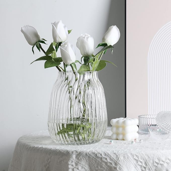 Clear Tall Vase,Large Clear Vases for Flowers,H-8.0" Simple Striped Design for Home Floor Decor,Farmhouse Decor, Centerpiece Coffee Table Decorations