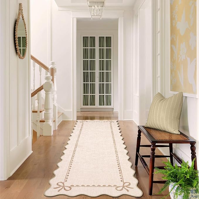 COZYLOOM 2x6 Hallway Runner Rug Machine Washable Area Rugs with Non Slip Backing, Stain Resistant Non Shedding Scalloped Carpet Low Pile Foldable Bordered Bow Mats for Bedroom Bathroom Kitchen, Beige
