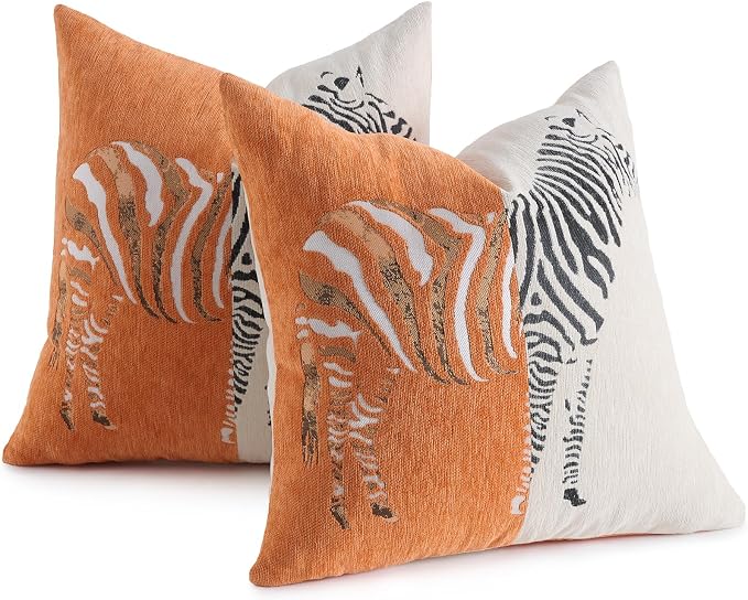 AmHoo Set of 2 Throw Pillow Covers Zebra Chenille Patchwork Decorative Pillows Cover Pillowcase for Sofa Couch Bed 18 x 18-Inch Orange