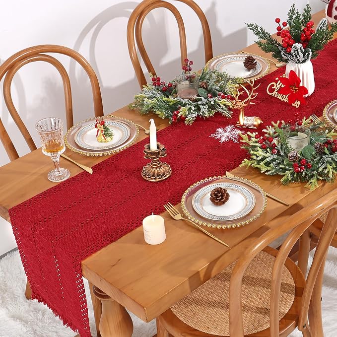 Macrame Table Runner Christmas Red Boho Table Runners with Tassels 12x71in | Alynsehom Hand Woven Cotton Table Runner Rustic Farmhouse Table Runners for Xmas Kitchen Dining Table