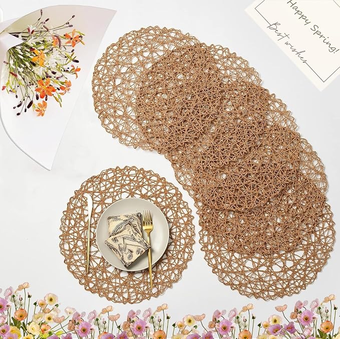 IcosaMro Brown Round Placemats Set of 12 for Dining Table, 13 Inches Paper Woven Boho Small Decorative Circle Place Mat for Wedding Christmas Thanksgiving Day Holiday Dinner, Light Coffee Brown