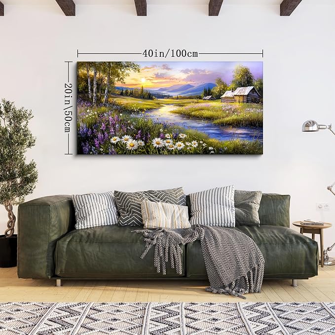 SERIMINO Rural Landscape Wall Art, Meadow Wildflower Wall Decor 20"X40" | Rustic Farmhouse Canvas Painting, River Cottage Meadow Pictures, Living Room Bedroom Decor, Ready To Hang, Vibrant Colors