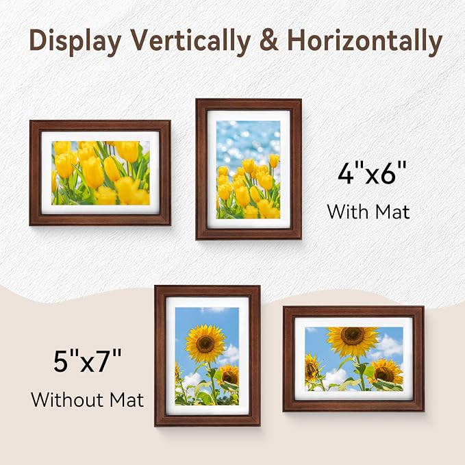 SNAPSHOT 5x7 Picture Frame, Natural Walnut Wood Photo Frame Set with Real HD Glass for Pictures 4x6 with Mat or 5x7 Without Mat, Gallery Poster Frame for Wall or Tabletop - 2Pcs