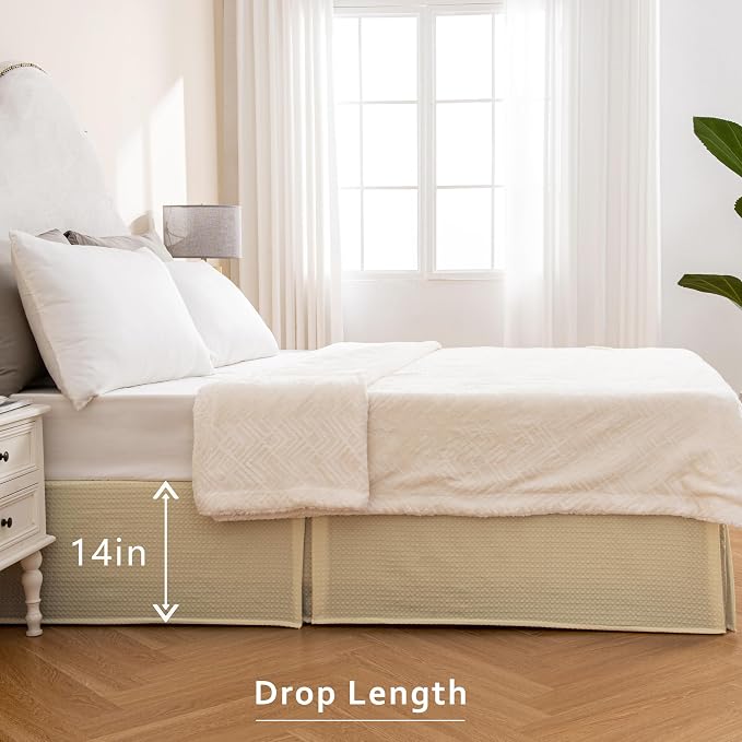 MIYE Pleated Waffle Weave Bed Skirt, Tailored Dust Ruffle 14 Inch Drop Easy Fit, Machine Washable,No Split Corners(Light Beige, Full - 14" Drop)