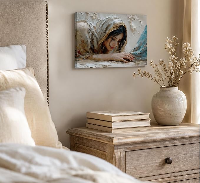 LCZDXGR Christian Wall Art Woman Touching Jesus Hem Canvas Framed 24x16in | Biblical healing miracle canvas with soft neutral tones for prayer room, bedroom, living room, church office, or faith gifts