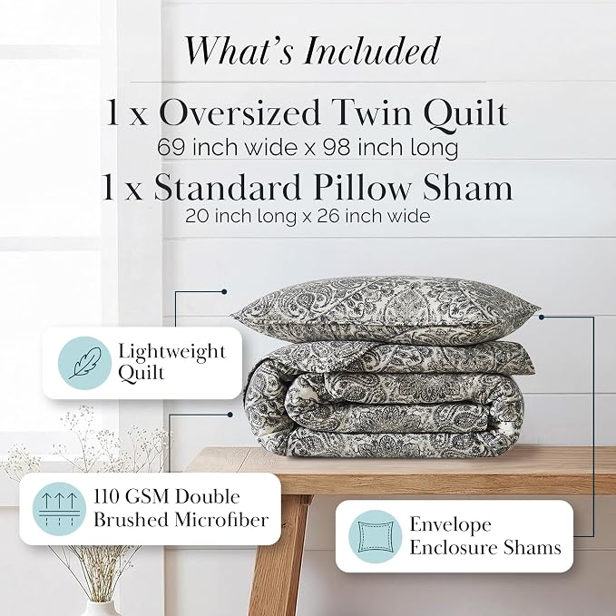 Southshore Fine Living, Inc. Ashanti Collection Oversized Quilt Twin Bedding Set Lightweight, Soft Coverlet Bedspread 2-Piece with one Matching sham (69 in Wide x 98 in Long), Twin/XL, Grey