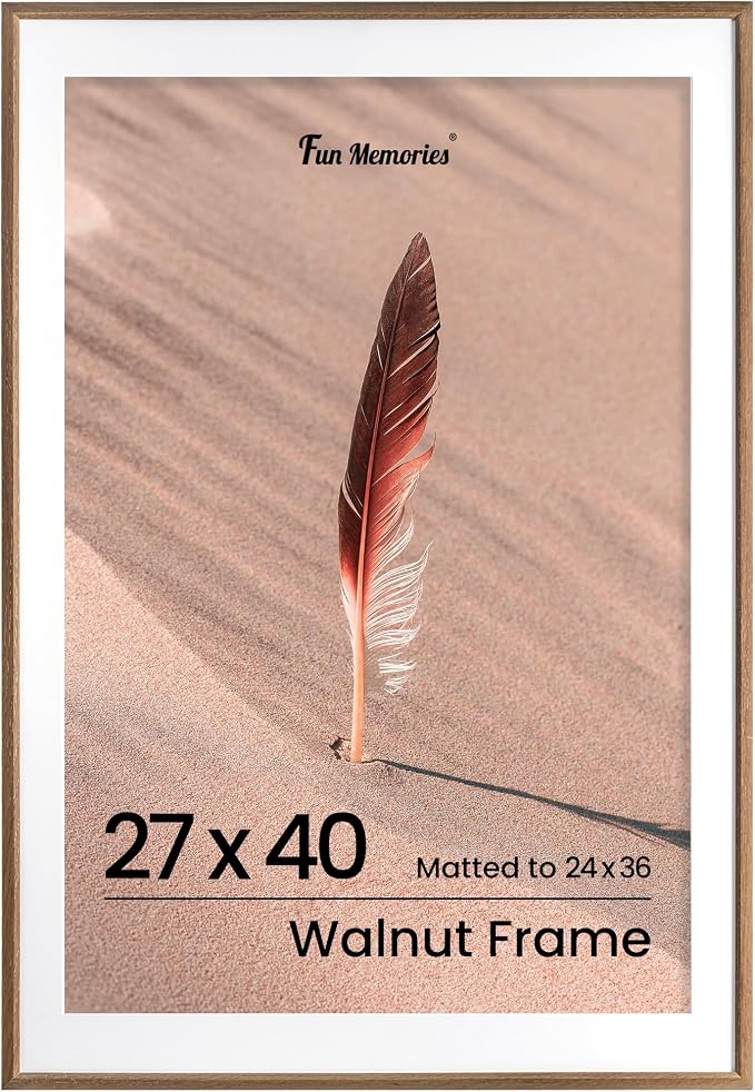 Fun Memories 27x40 Poster Frame, Solid Oak Wood Picture Frames, Modern Photo Frame for Wall 27x40 with 24x36 Mat, High Definition Plexiglass & Wall Hook Included (Walnut, 1 Pack)