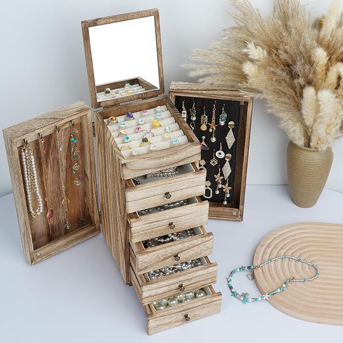 Meangood Jewelry Box Wood for Women, 6-Layer Large Organizer Box with Mirror & 5 Drawers for Rings, Earrings, Necklaces, Vintage Style, Carbonized Black