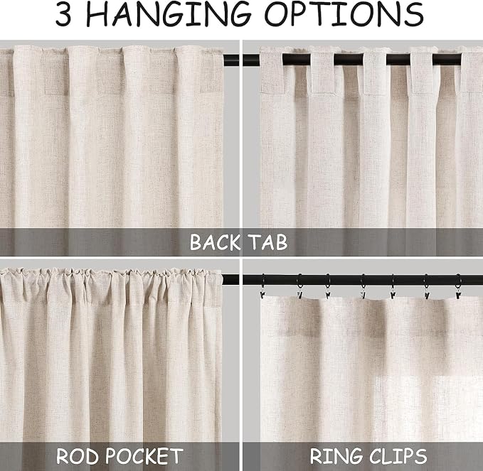 30 Inch Beige Curtains for Kitchen Linen Blend Rustic Farmhouse Short Curtain Back Tab and Rod Pocket Semi Sheer Curtains for Cafe Bathroom Small Window 26 x 30 Inch, 2 Panels