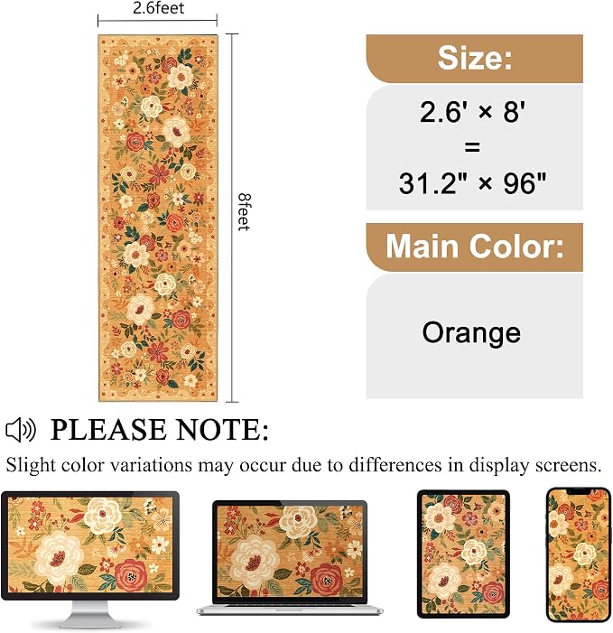 DUKINO 2.6x8 Runner Rug, Washable Runner Rug for Hallway Non Slip, Orange | Low Pile, Soft, Floral Indoor Rug for Kitchen, Entryway, Bedroom, Bathroom, Pet Friendly, Stain Resistant, Modern Home Decor