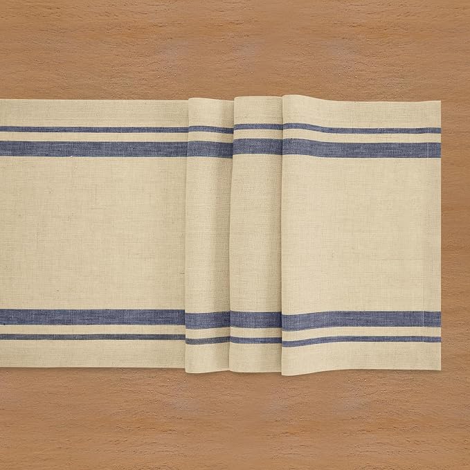 Solino Home 100% Linen Table Runner, 14 x 72 in, Navy and Natural Striped | French Stripe, dresses up dining tables for everyday meals, woven stripe, European flax fibres, soft, OEKO-TEX Certified