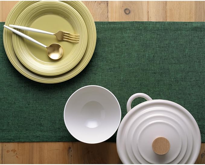 Solino Home 100% Pure Linen Table Runner Green Woven, Athena 14 x 72 in | brings a tailored look to family meals and hosting, European flax fibres, effortlessly elegant, soft, OEKO-TEX Certified