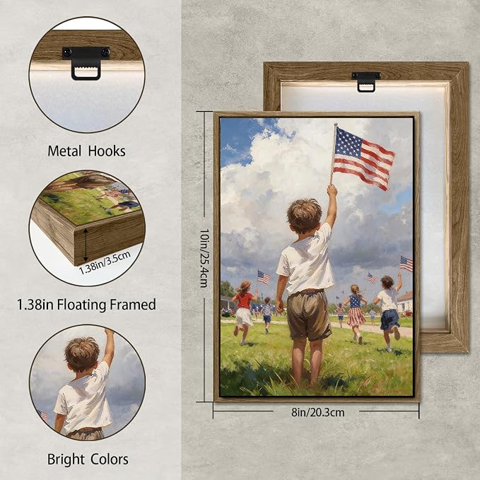 American Flag Framed Canvas Wall Art, 4th of July Patriotic Canvas Prints | Boy Holding USA Flag Poster Print, Modern Independence Day Wall Decor for Living Room Kids Room Dining Room Office 8×10in