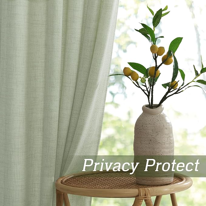 RYB HOME Linen Sheer Curtains 108 inches Long for Living Room | Breathable, Weave Textured, Rod Pocket, Semi Sheer, Sage Green, for Dining Room, W52 x L108, 2 Panels Set