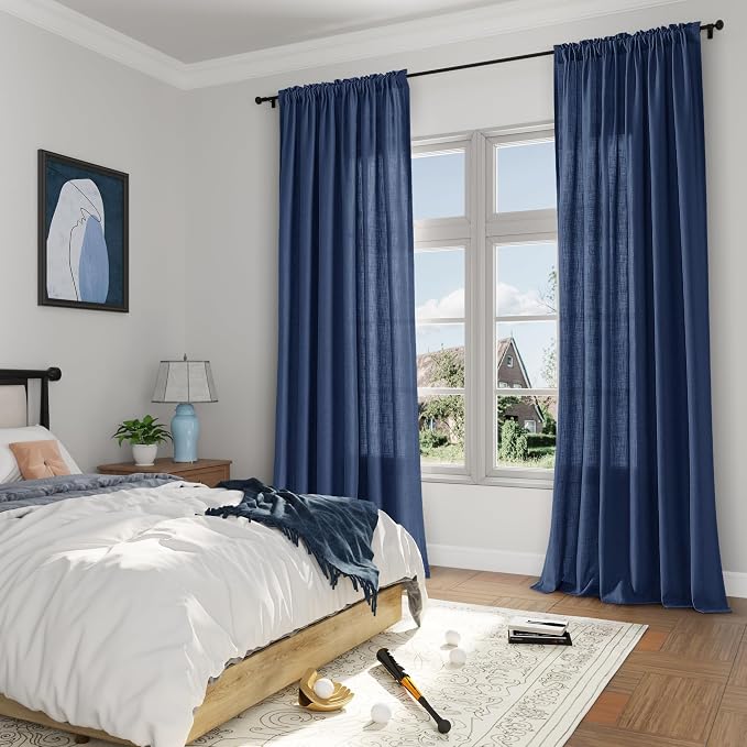 Denim Blue Linen Curtains 96 Inches Long 2 Panel Set Rod Pocket Semi Sheer Dining Room Cozy Bedroom Decor Cotton Look Country Rustic Farmhouse Boho Curtains 52x96