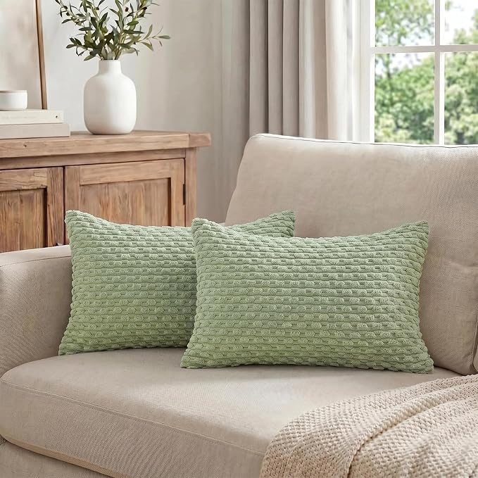 Fancy Homi 2 Packs Sage Green Long Lumbar Decorative Throw Pillow Covers 12x24 Inch for Couch Bed Sofa, Modern Farmhouse Boho Home Decor, Soft Cute Plush Corduroy Rectangle Cushion Case 30x60 CM