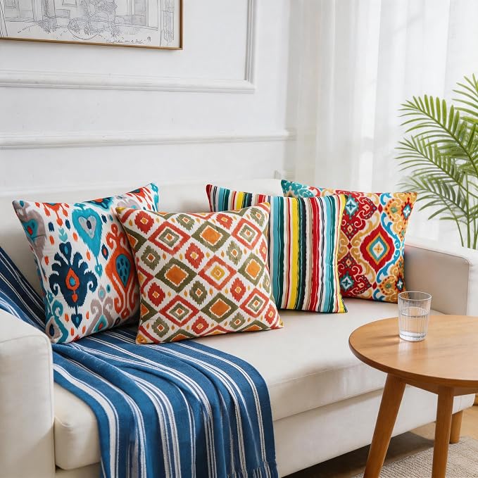 Boho Throw Pillow Covers 18x18 Set of 4 Colorful Ikat Geometric Decorative Cushion Covers with Hidden Zipper Soft Polyester Double Sided Print Machine Washable, No Inserts
