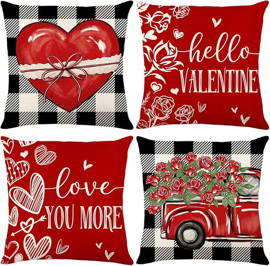 ONFAON Valentines Day Decorations-Valentines Day Pillow Covers 18x18 Set of 4,Red Buffalo Check Valentine's Day Love Heart Throw Pillow Covers Holiday Farmhouse Anniversary Wedding Home Sofa Couch
