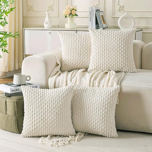 Set of 4 Cream White Decorative Throw Pillow Covers 20x20 Inch Corduroy Pillow Covers for Bed Couch Sofa Living Room Soft Square Cushion Cases
