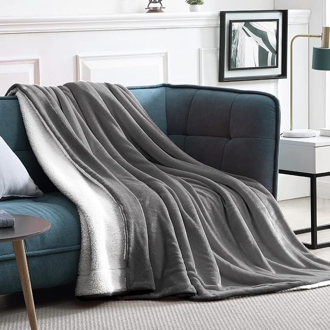Walensee Sherpa Fleece Blanket (Throw Size 50”x60” Grey) Plush Throw, Gray Fuzzy Super Soft Reversible Microfiber Flannel Blankets for Couch, Bed, Sofa Ultra Luxurious Warm and Cozy for All Seasons