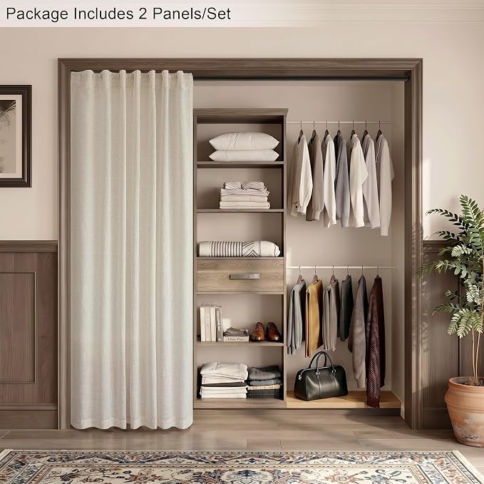 Pitalk Beige Sheer Curtains 80 Inch Length for Living Room 2 Panel Back Tab Rod Pocket Neutral Rustic Modern Farmhouse Semi Privacy Flax Linen Drape Pleated Curtain for Bedroom Wide 52x80 Long Curtain