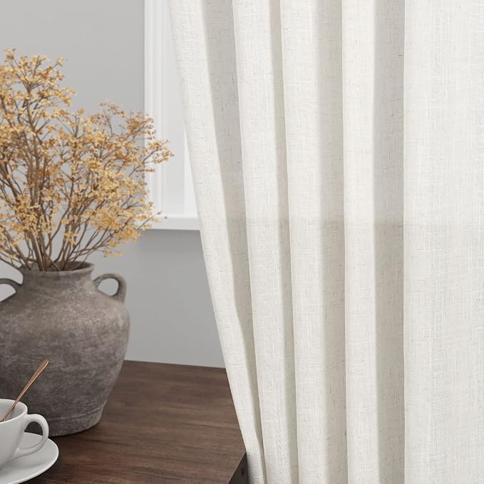 Neutral Semi Sheer Cream Linen Curtains 64 Inch Length 2 Panel Set Soft Airy Farmhouse Back Tab Rod Pocket Curtains for Bedroom Light Filtering Privacy Window Drapes for Living Room 52x64 Inches