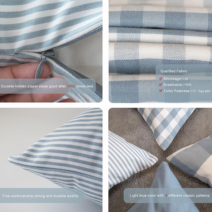 HOPLEE Light Blue Pillow Cover Cushion Cover with Buffalo Plaid, Solid Light Blue, Striped and Gingham Plaid Design 20x20 inches,4 Pack