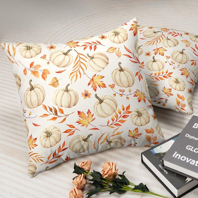 Fall Pumpkins Pillow Covers Autumn Thanksgiving Pillow Cases 20x20 Set of 2 Orange Maple Leaves Throw Pillow Covers Harvest Farmhouse Cushion Cases for Home Sofa Couch