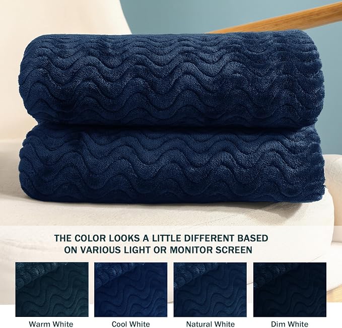 Exclusivo Mezcla Soft Fleece Blanket King Size, Cozy Lightweight Blankets with Decorative Wave Textured Suitable for All Season Use, Navy Blue, 90x104 Inches | 90"x104" Breathable Lightweight Flannel Blanket for Summer, Plush Cozy Jacquard Wave for Hom...