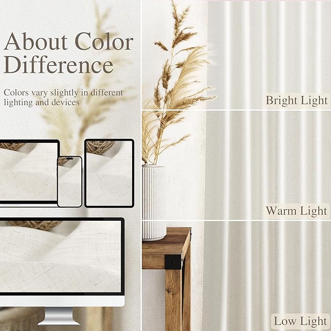Elegant Cream Linen Curtains Semi Sheer Curtain 98 Inches Long for Bedroom Neutral Light Filtering Drapes for Livingroom 2 Penels Set Back Tab Window Curtains Linen Textured 52x98