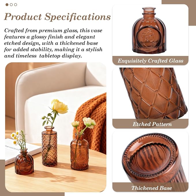 TBWIND 12-Piece Glass Bud Vase Set – Small Caramel Coffee Brown | Etched Glass Vases with Unique Shapes and Weighted Base for Windowsills, Bathrooms, and Table Centerpiece Décor