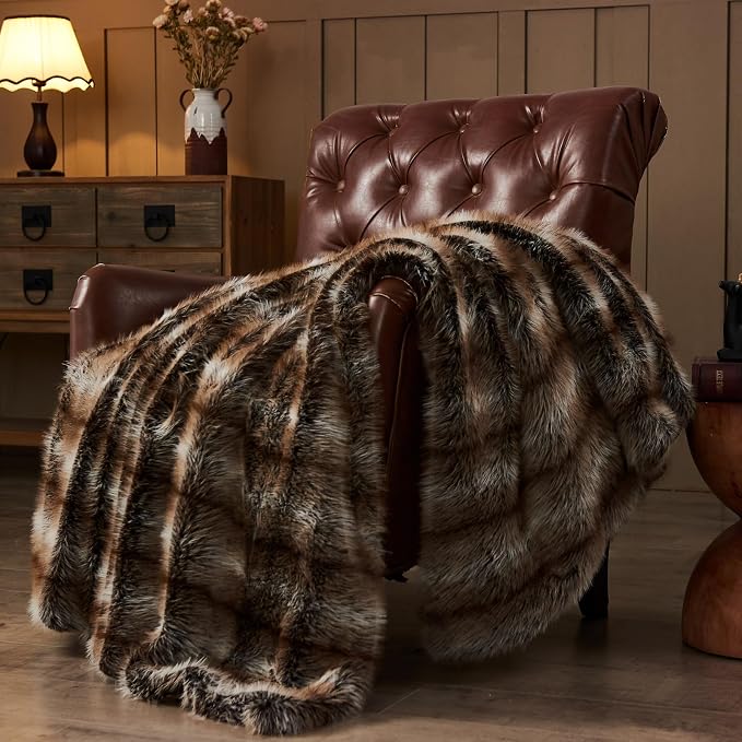 NEWCOSPLAY Faux Fur Thick Throw Blanket for Couch,Stripe Dark Brown,50"x60" | Luxury Fluffy Thick Warm Blanket for Couch Sofa Bed 1000GSM, Soft Plush Cozy Decorative Throw, Gift for Women Men