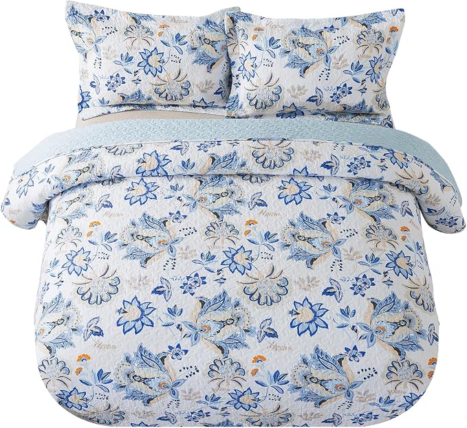 NEWLAKE Cotton Bedspread Quilt Sets-Reversible Patchwork Coverlet Set, Gorgeous Floral Pattern, King Size