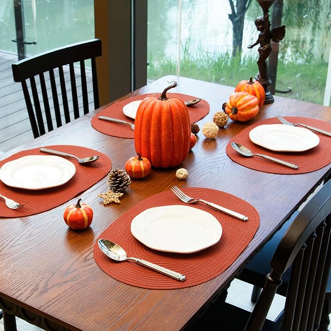 Placemats Set of 4, Woven Oval Braided Dining Table Mats(Rust Orange) | 12 x 17.5 Inch Size Fits Plates and Flatware; Hand Washable and Heat Resistant for Kitchen Use, with Farmhouse and Boho Style