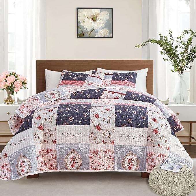 Patchwork Quilt Set Twin Size, 2 Pieces Pink Purple Floral Plaid Design Summer Bedspread Coverlet Set, Soft Microfiber Reversible Lightweight Bed Cover for Kids (68" x 86", 1 Quilt+ 1 Pillow Sham)