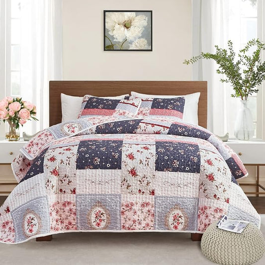Patchwork Quilt Set Twin Size, 2 Pieces Pink Purple Floral Plaid Design Summer Bedspread Coverlet Set, Soft Microfiber Reversible Lightweight Bed Cover for Kids (68" x 86", 1 Quilt+ 1 Pillow Sham)