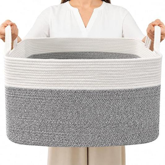 96L Laundry Basket with Handles, Extra Blanket Basket, White/Grey | 24"×16"×15" Collapsible Cotton Rope Storage Basket for Toys Clothes & Pillows, Nursery, Bathroom, Bedroom, Living Room