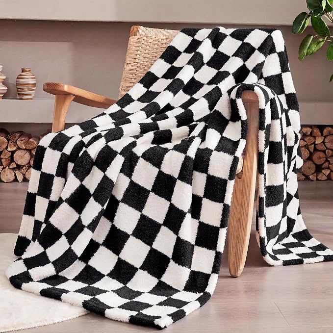 Black Checkered Throw Blanket, Soft Plush Microfiber Fleece Blanket for Couch Sofa Travel, Cozy Decorative Home Blanket, All Season, 50x70 Inches